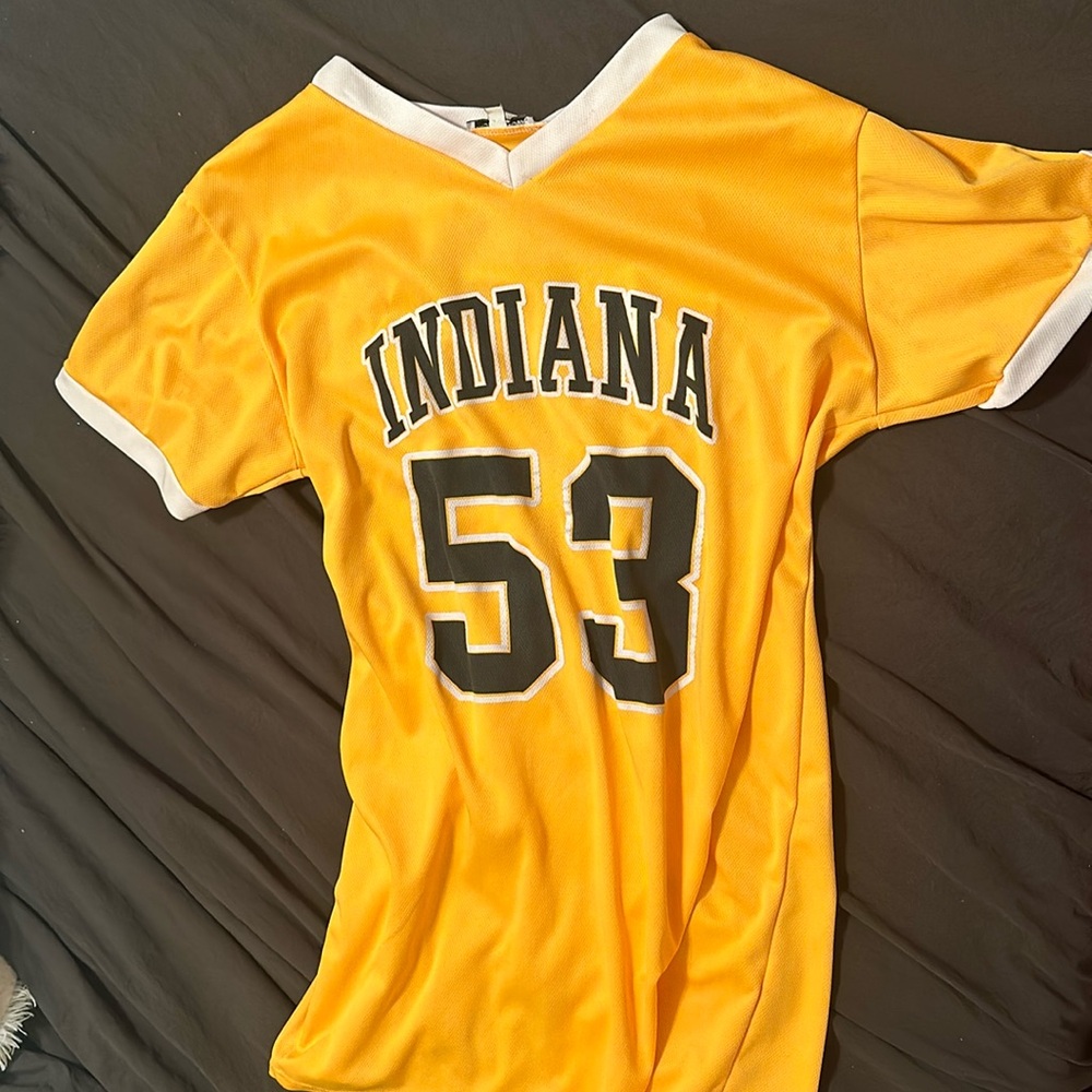 Yellow/Black and white letters/ Jersey Style Dress/ Tied back/ Mini dress/Used/L